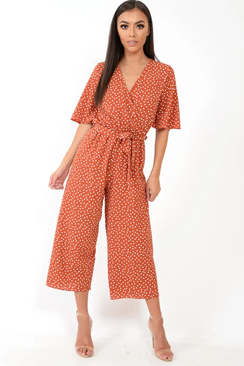Rust Polka Dot Wrap Culotte Jumpsuit -Juni