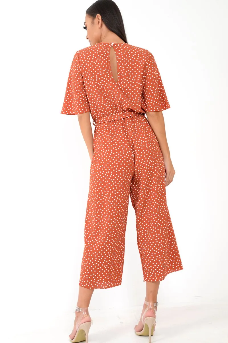 Rust Polka Dot Wrap Culotte Jumpsuit -Juni