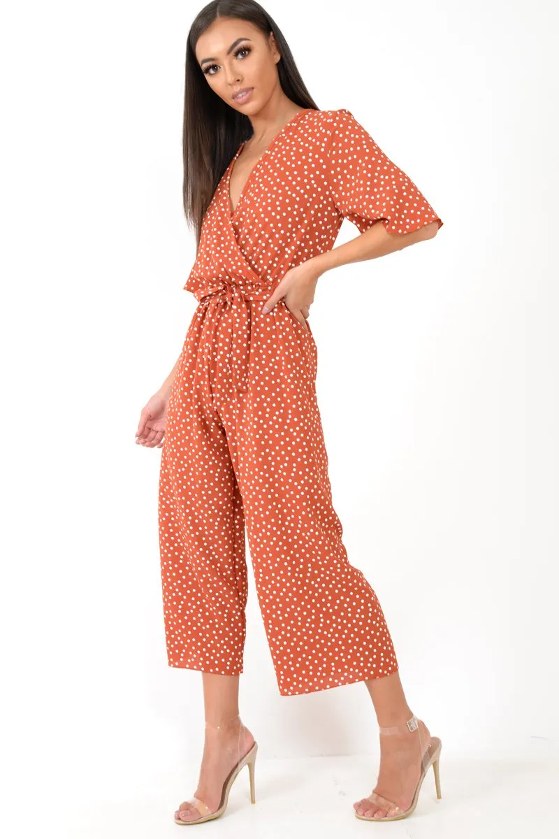 Rust Polka Dot Wrap Culotte Jumpsuit -Juni
