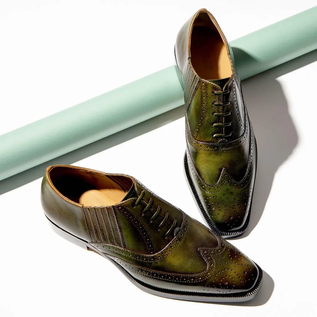 Saint Vincenzo Olive Leather Square Toe Lace Up Décor Shoes