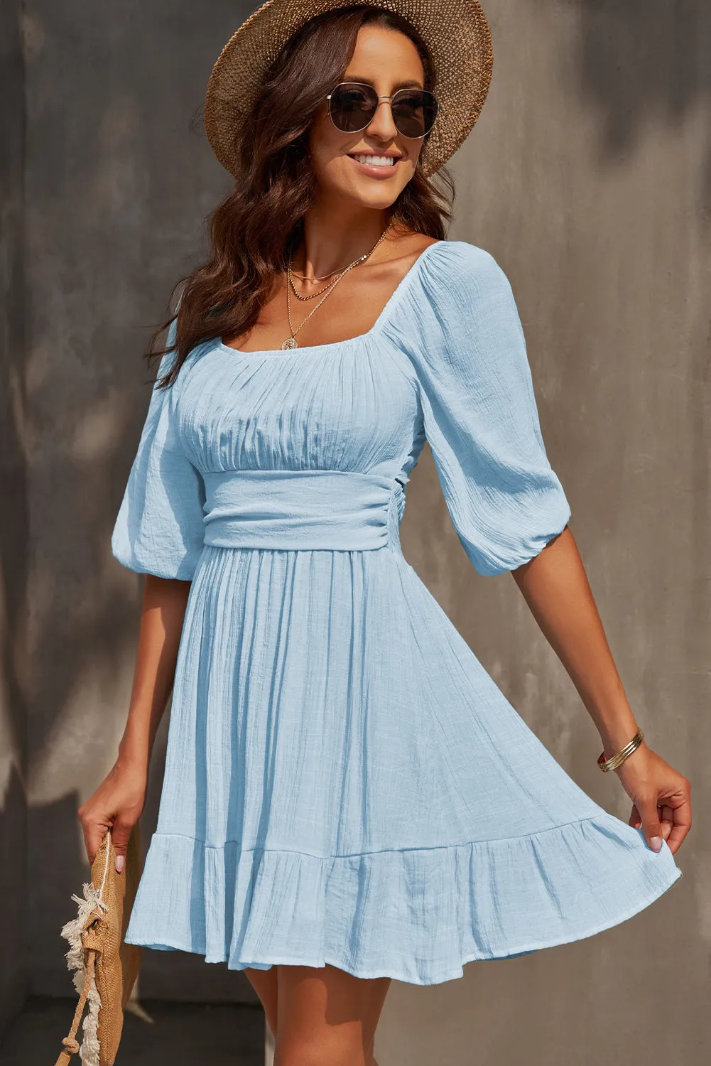 Sky Blue Bow Knot Square Neck Ruffled High Waist Mini Dress