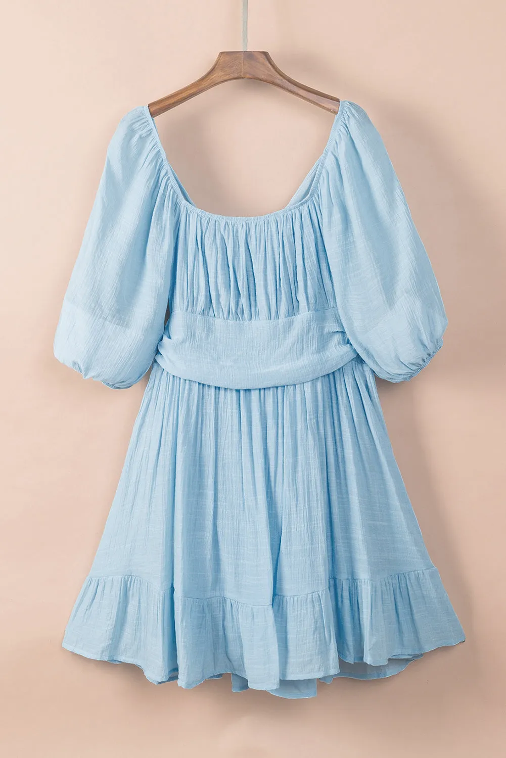 Sky Blue Bow Knot Square Neck Ruffled High Waist Mini Dress