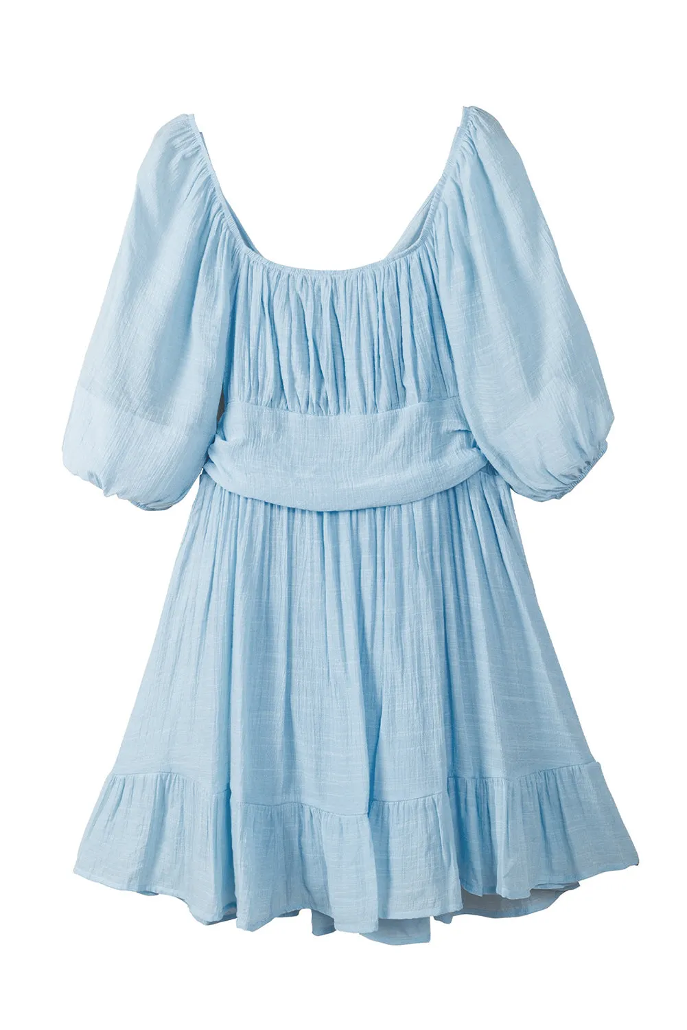 Sky Blue Bow Knot Square Neck Ruffled High Waist Mini Dress