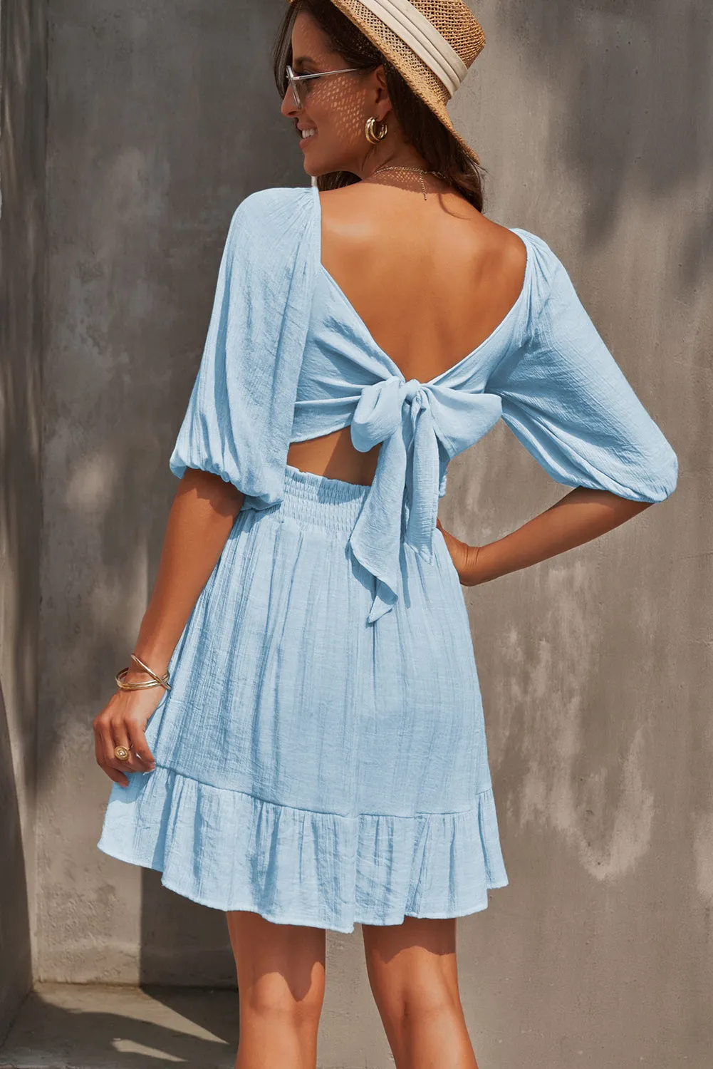Sky Blue Bow Knot Square Neck Ruffled High Waist Mini Dress
