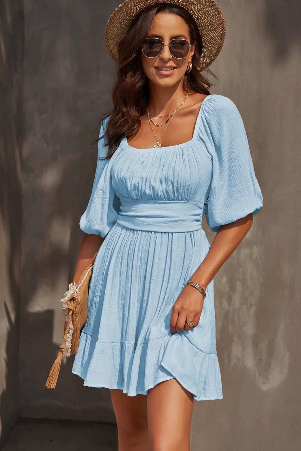 Sky Blue Bow Knot Square Neck Ruffled High Waist Mini Dress