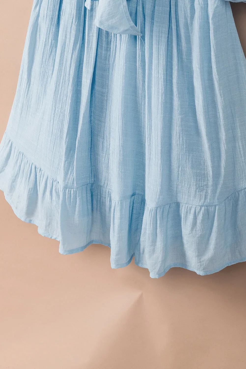 Sky Blue Bow Knot Square Neck Ruffled High Waist Mini Dress