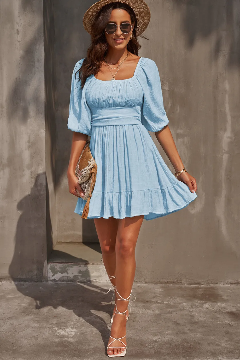 Sky Blue Bow Knot Square Neck Ruffled High Waist Mini Dress