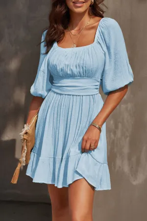 Sky Blue Bow Knot Square Neck Ruffled High Waist Mini Dress