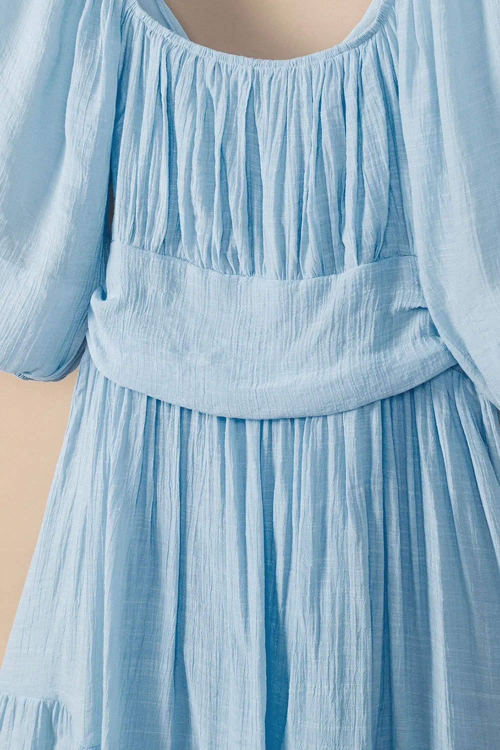 Sky Blue Bow Knot Square Neck Ruffled High Waist Mini Dress