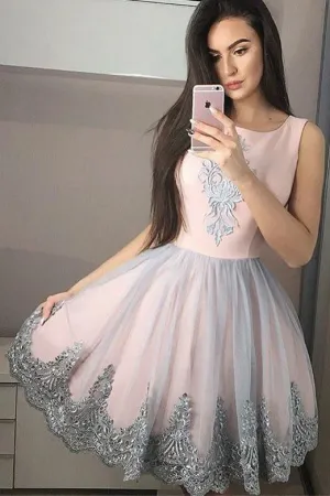 Sleeveless Satin Short Homecoming Dresses with Lace Embroidery OHM083