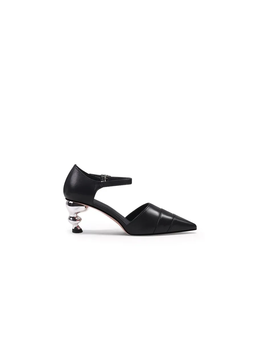 Smiley Patterned Detail Belted Women'S Mid Heeled Point Toe Sling Back Pumps Sandals - Black