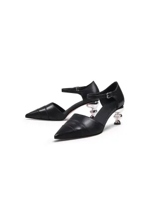 Smiley Patterned Detail Belted Women'S Mid Heeled Point Toe Sling Back Pumps Sandals - Black
