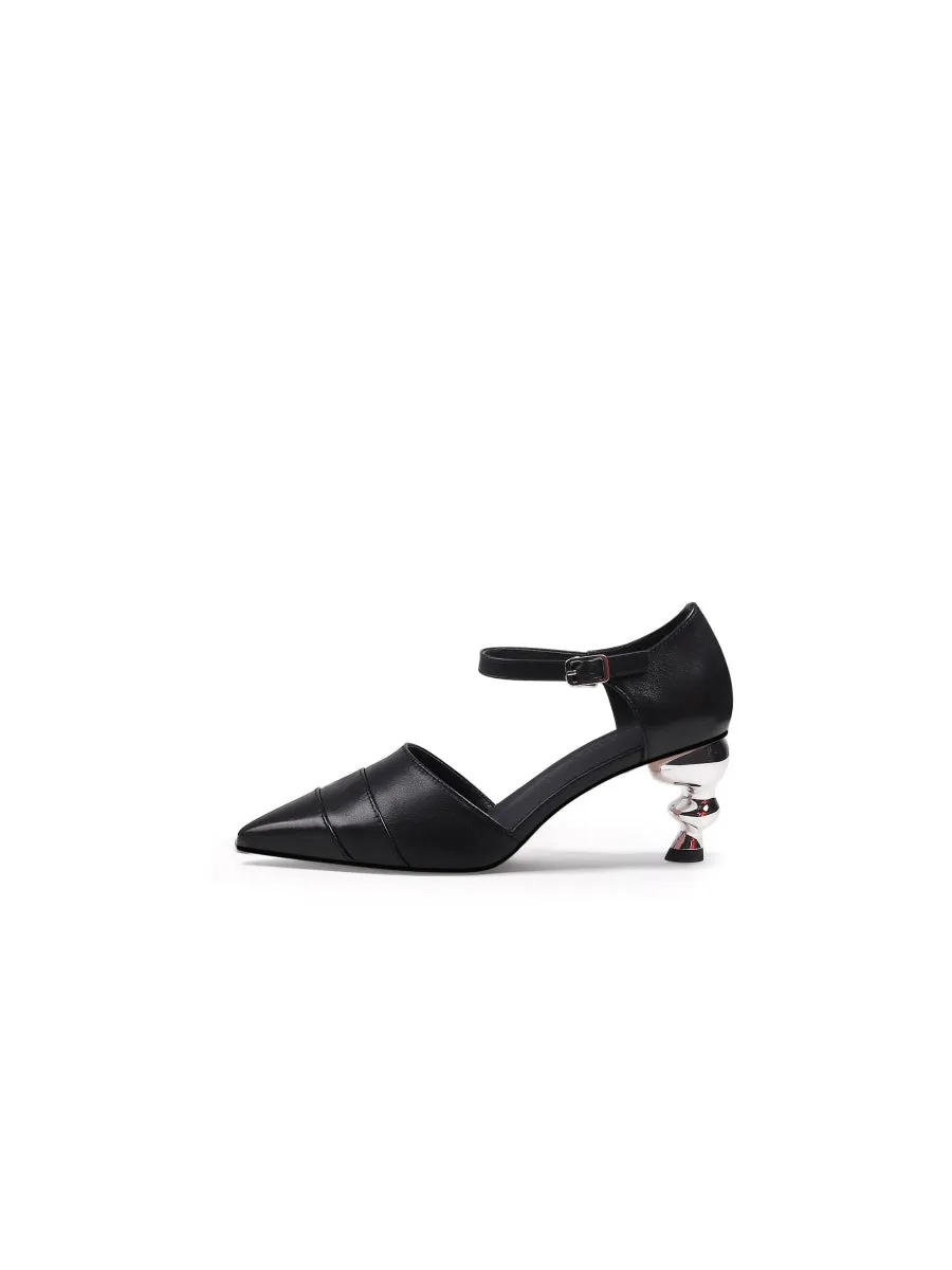 Smiley Patterned Detail Belted Women'S Mid Heeled Point Toe Sling Back Pumps Sandals - Black