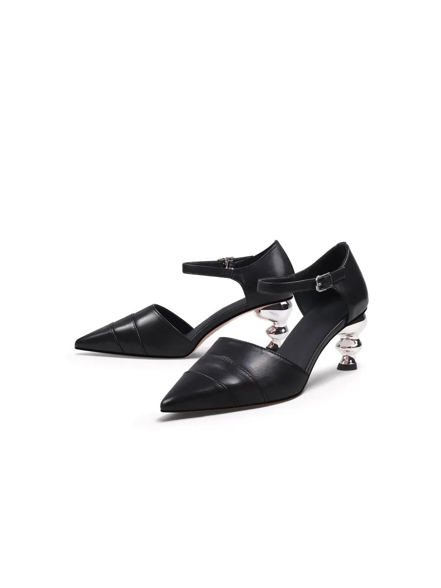 Smiley Patterned Detail Belted Women'S Mid Heeled Point Toe Sling Back Pumps Sandals - Black