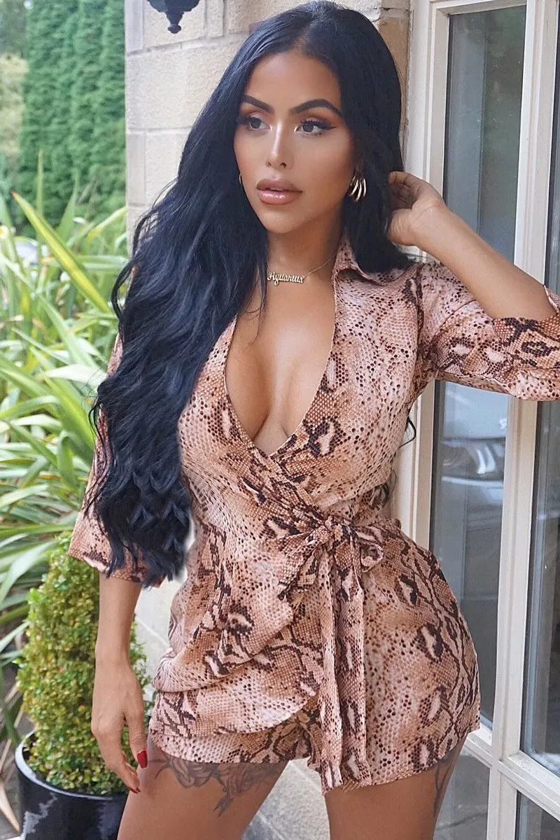 Snake Print Wrap Plunge Playsuit - Aasha