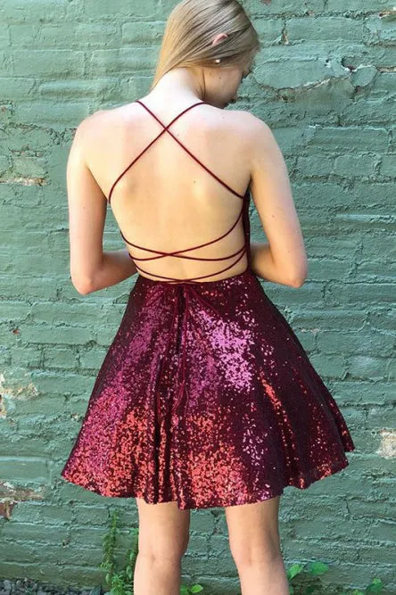 Sparkle Criss-Cross Back Burgundy Sequined Homecoming Party Dress OHM054
