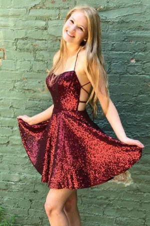 Sparkle Criss-Cross Back Burgundy Sequined Homecoming Party Dress OHM054