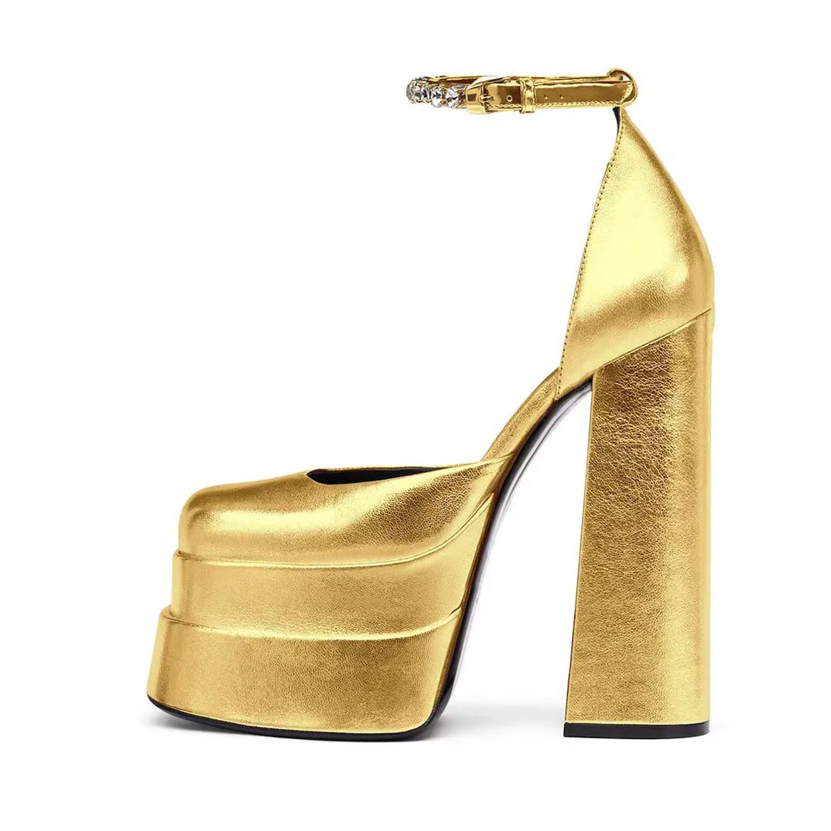 Square Head Hollow Platform Buckled Chunky Heels