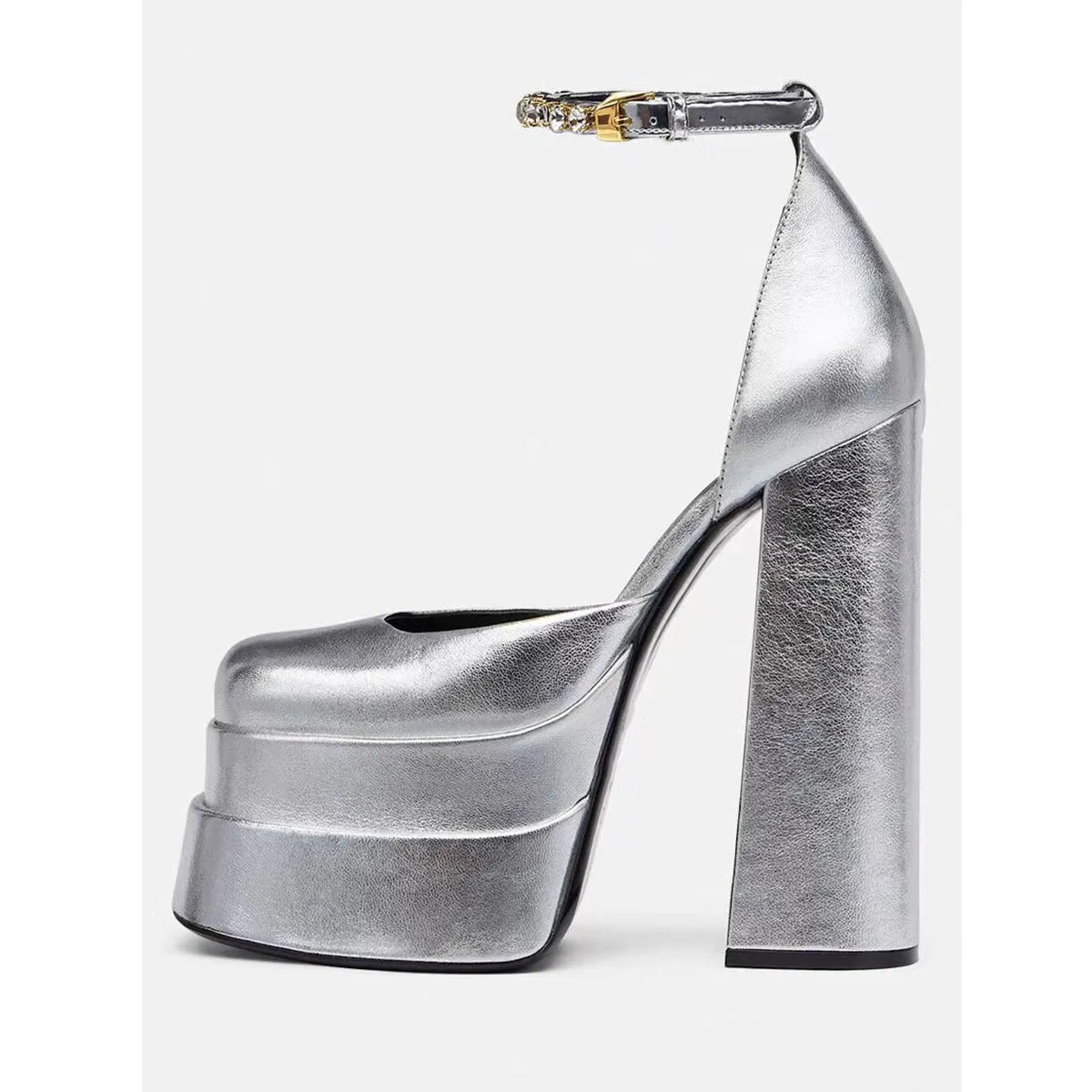 Square Head Hollow Platform Buckled Chunky Heels