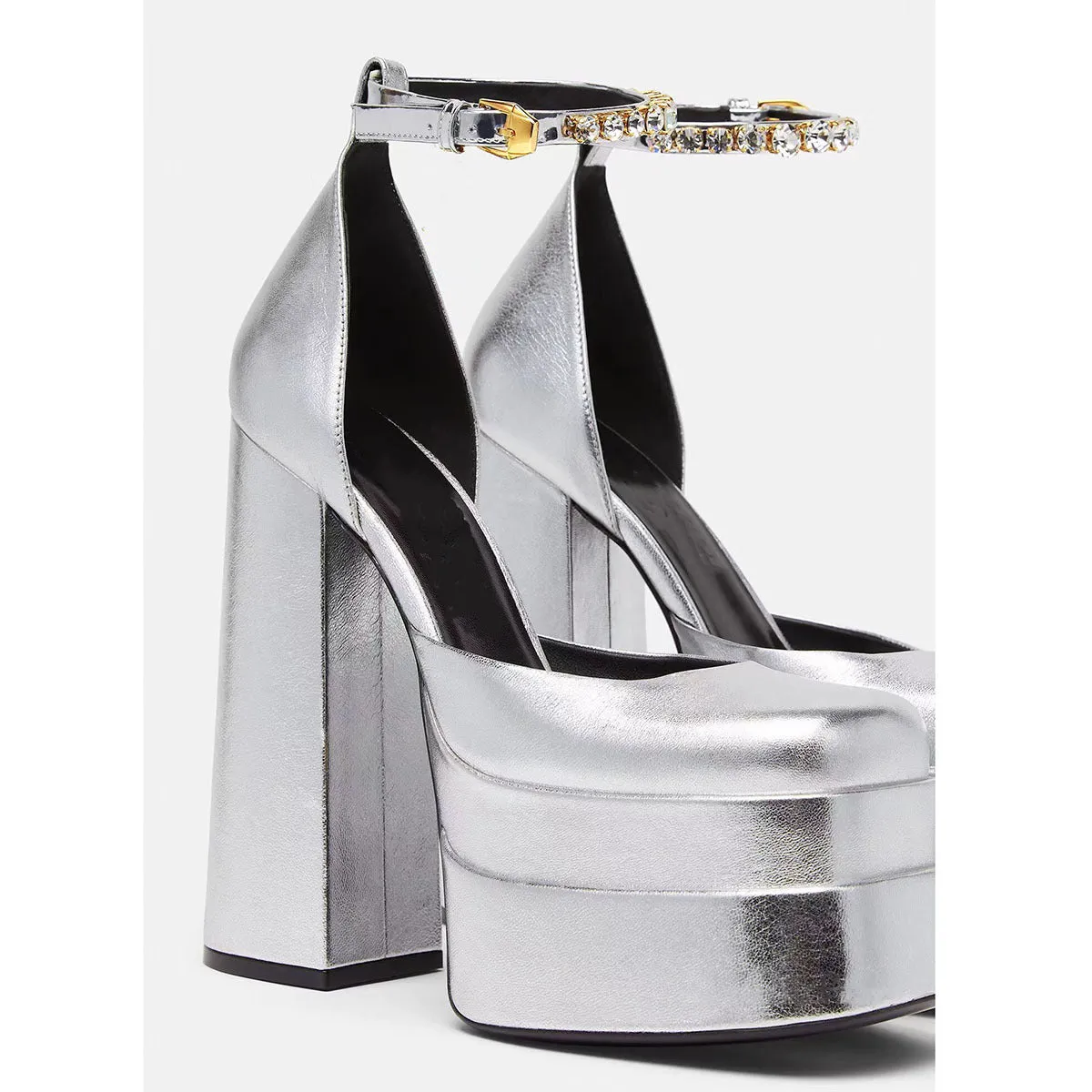 Square Head Hollow Platform Buckled Chunky Heels
