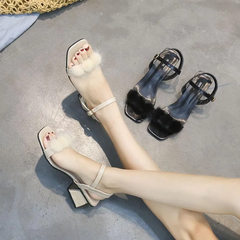 Square Toe Faux Fur Kitten Heels