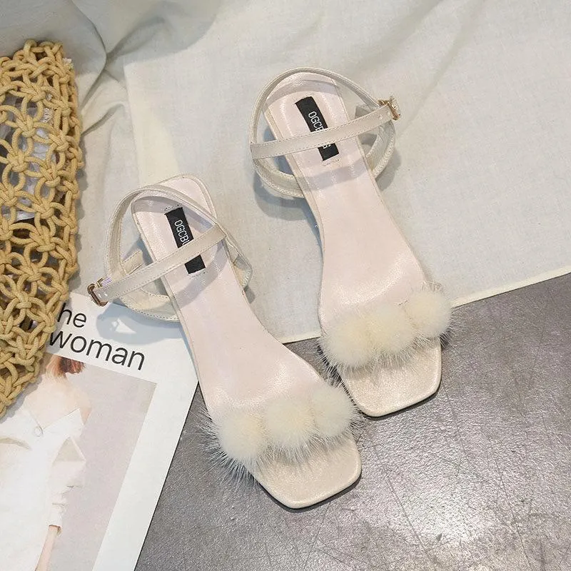 Square Toe Faux Fur Kitten Heels