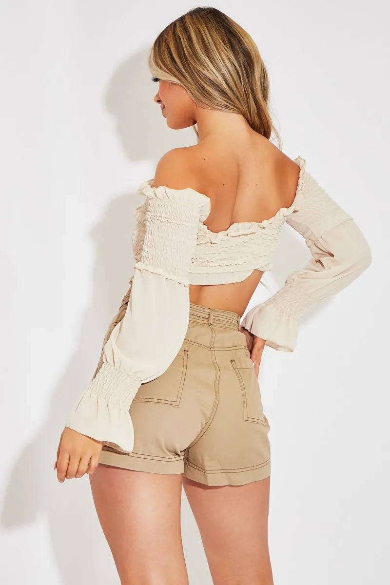 Stone Shirred Wrap Over Bardot Crop Top - Zuri