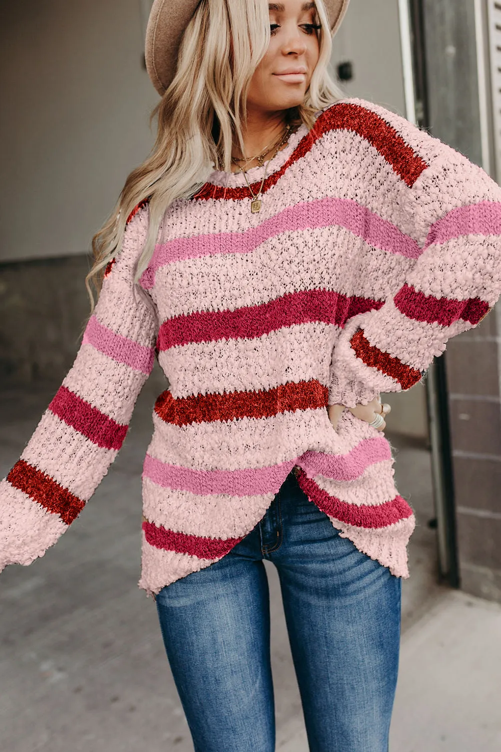 Striped Popcorn Knit Sweater