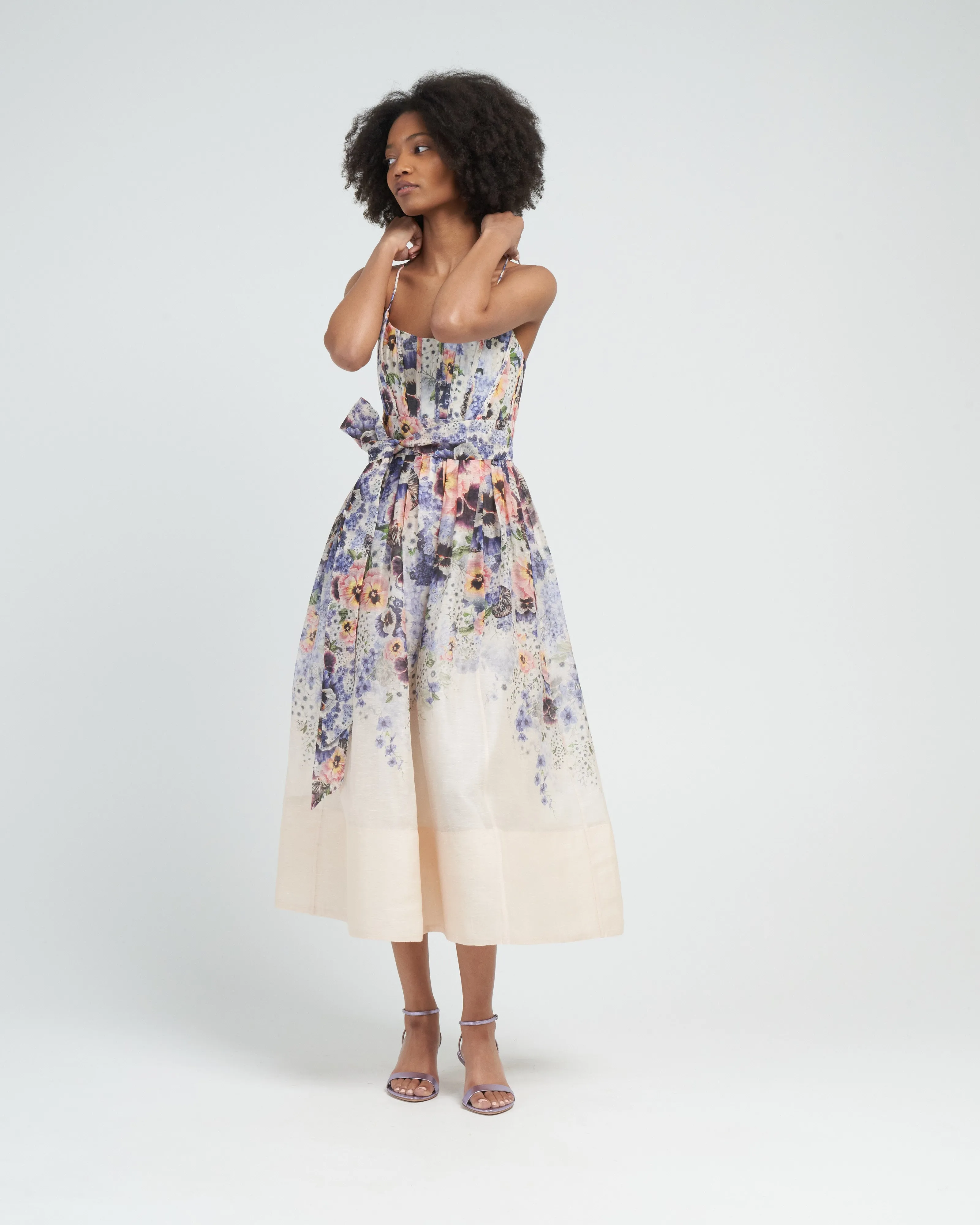 tama corset midi dress - purple pansy print