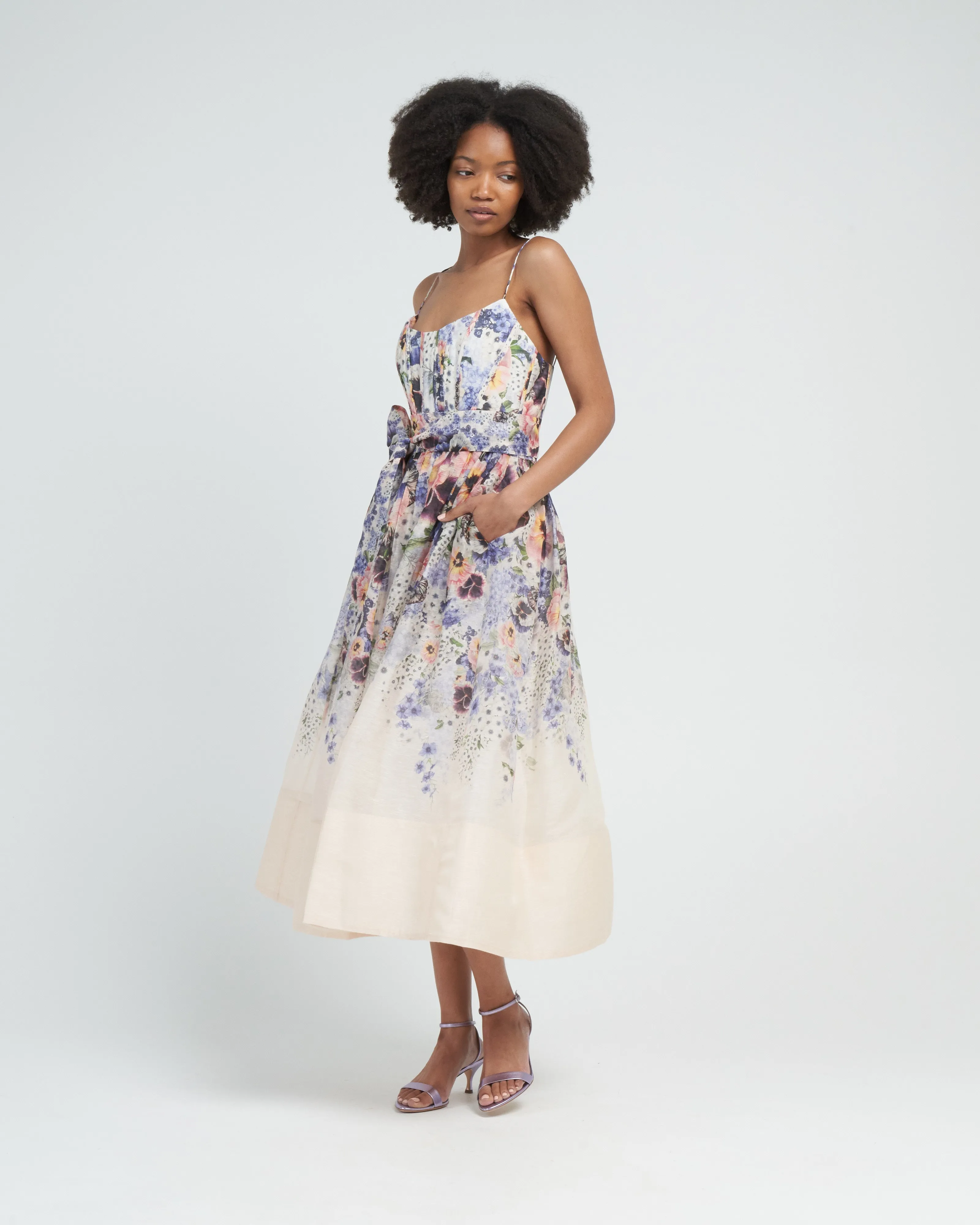 tama corset midi dress - purple pansy print