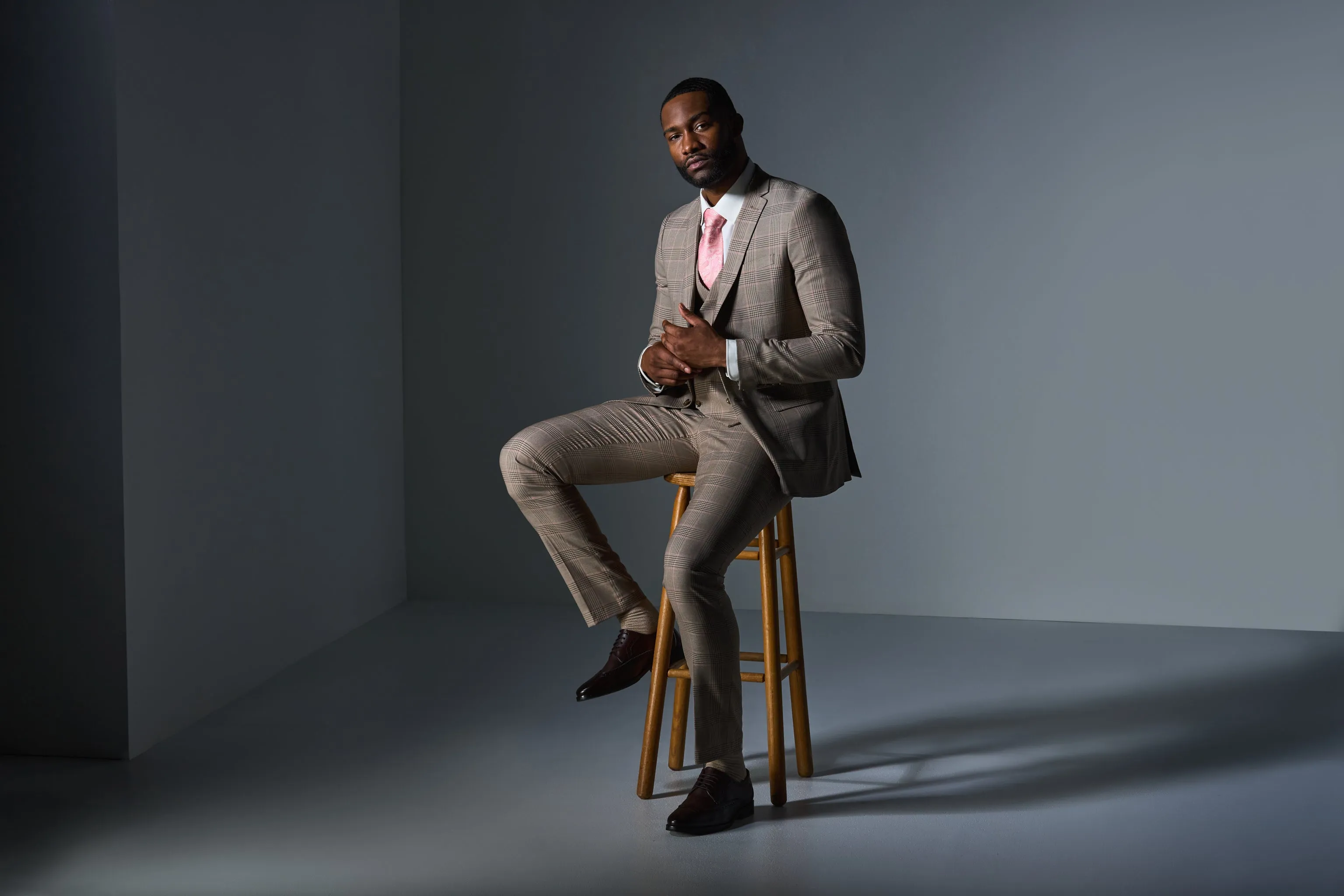 Tan and Pink Plaid 3 Piece Suit