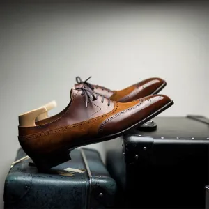 Tan Leather and Suede Cedara Brogue Wingtip Oxfords - Formal Shoes