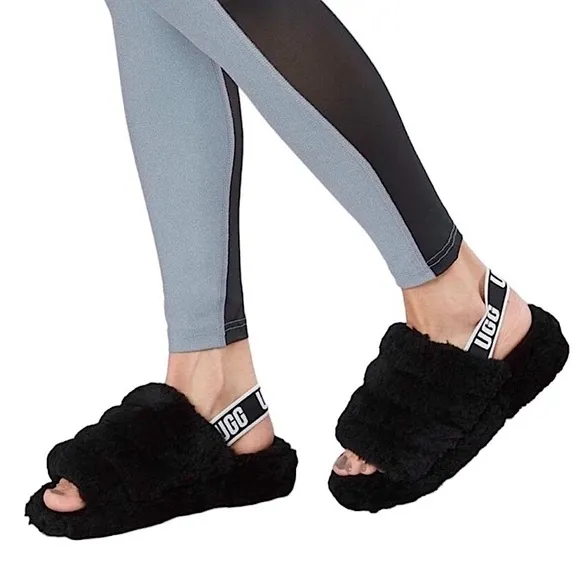 UGG Women's Fluff Yeah Slide Slipper Slingbacks Shearling Black Logo Strap Sz 11