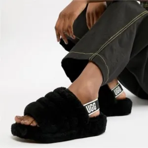 UGG Women's Fluff Yeah Slide Slipper Slingbacks Shearling Black Logo Strap Sz 11