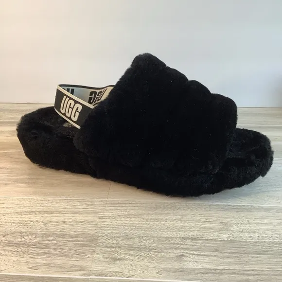 UGG Women's Fluff Yeah Slide Slipper Slingbacks Shearling Black Logo Strap Sz 11