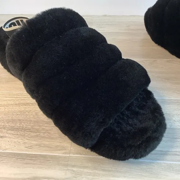 UGG Women's Fluff Yeah Slide Slipper Slingbacks Shearling Black Logo Strap Sz 11