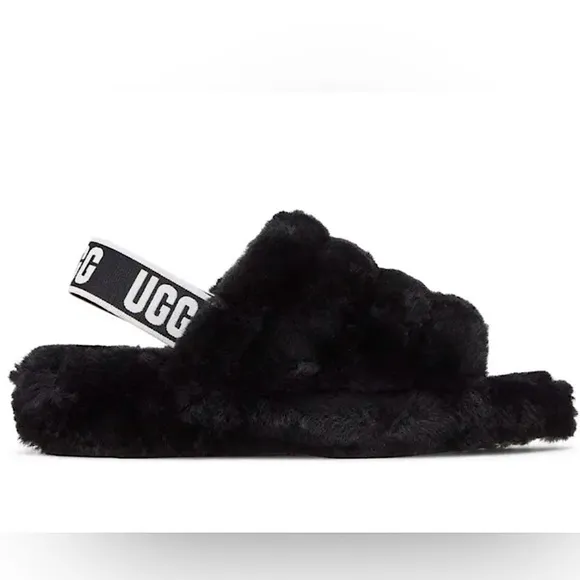 UGG Women's Fluff Yeah Slide Slipper Slingbacks Shearling Black Logo Strap Sz 11