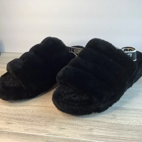 UGG Women's Fluff Yeah Slide Slipper Slingbacks Shearling Black Logo Strap Sz 11