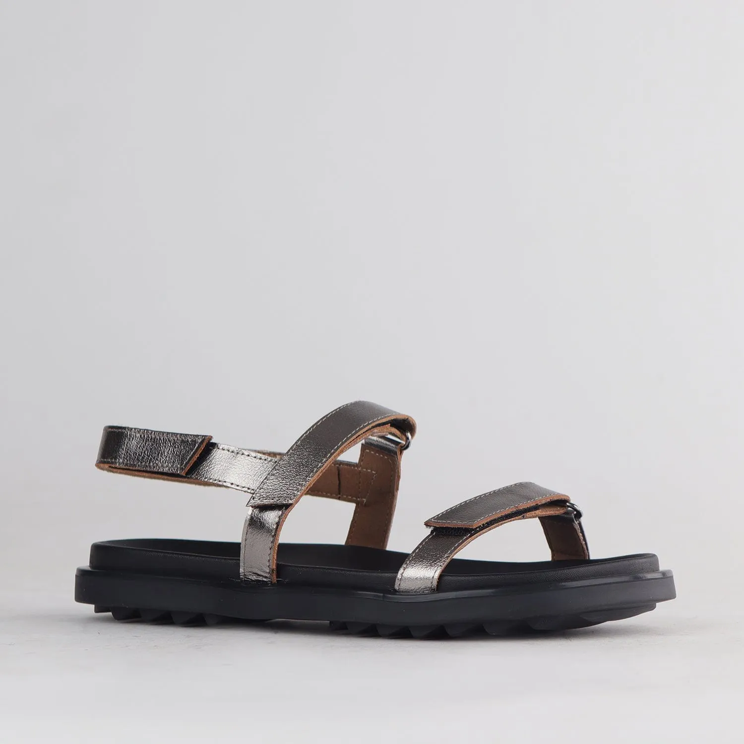 Velcro Leather Strappy Flat Sandal in  Pewter - 12690