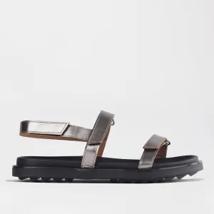 Velcro Leather Strappy Flat Sandal in  Pewter - 12690
