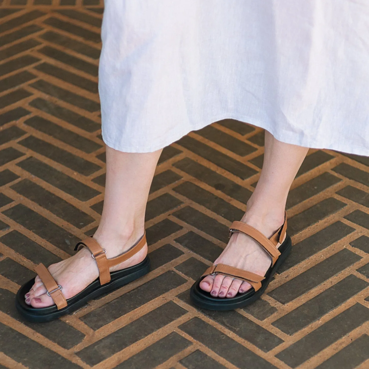 Velcro Leather Strappy Flat Sandal in Tan - 12690