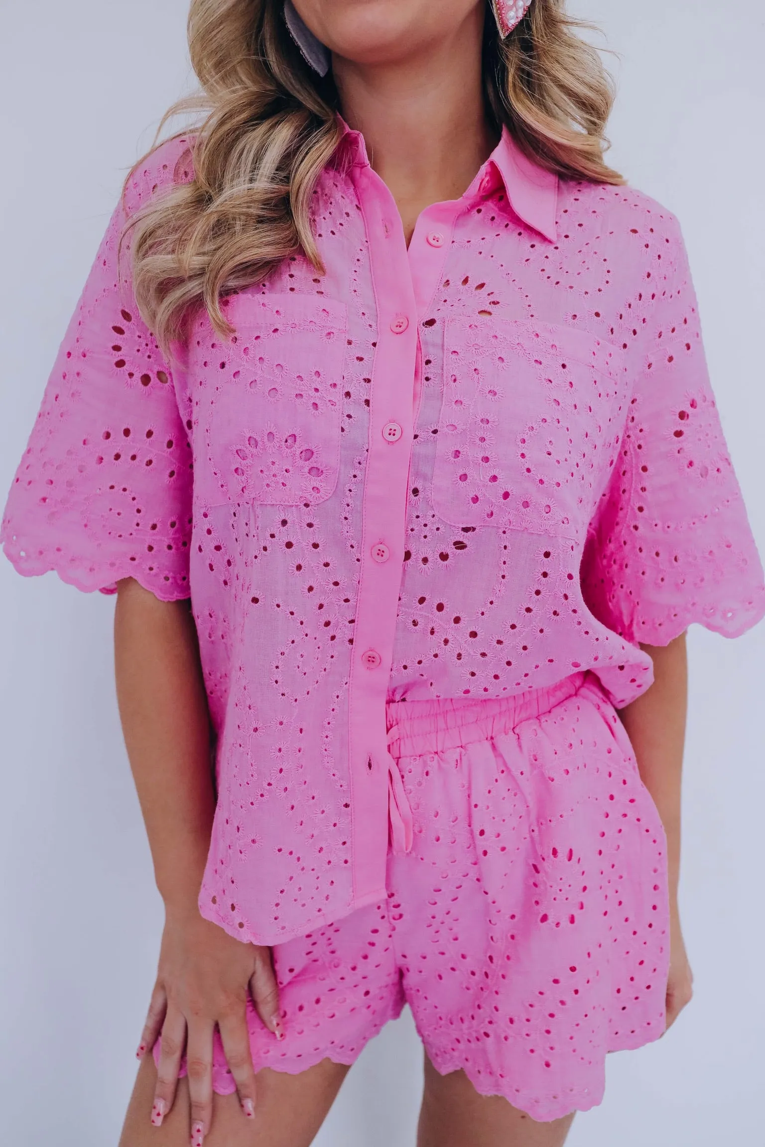Weekend Breeze Eyelet Short Set - Pink
