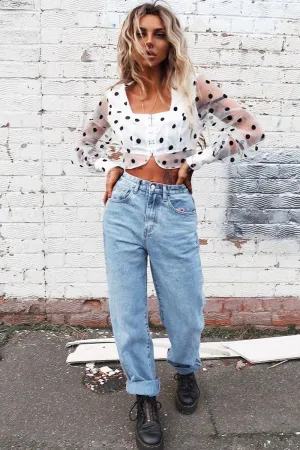 White Black Polka Dot Mesh Front Fastening Crop Top - Kacy