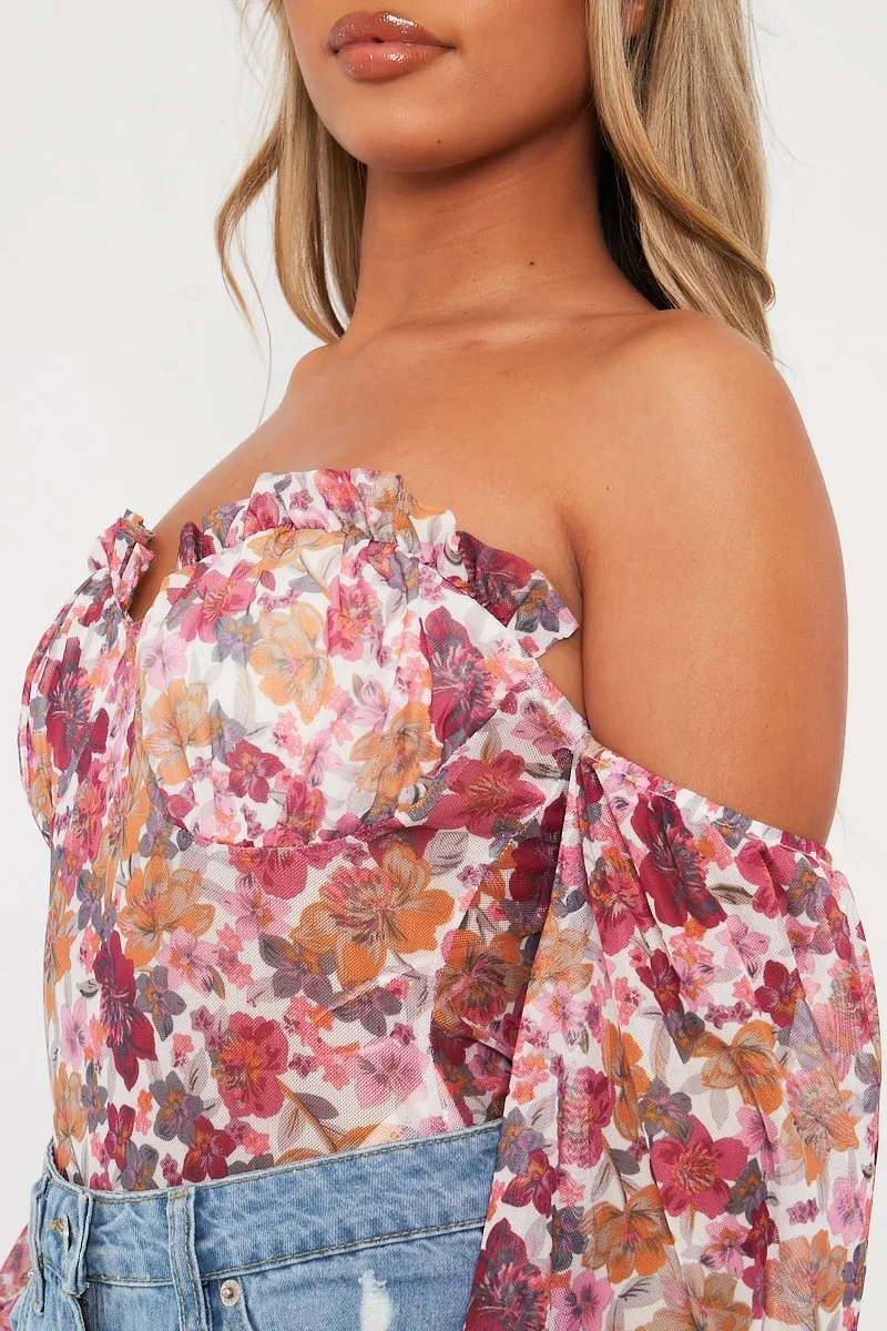 White Floral Bardot Off The Shoulder Mesh Bodysuit - Hayle