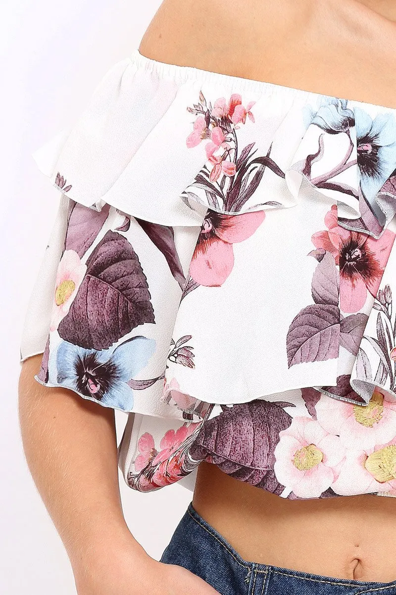 White Floral Print Frill Bardot Crop Top - Pollie