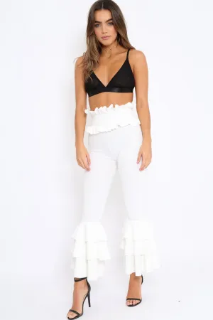 White Frill Hem Triple Tiered Frill Hem Trousers - Karla