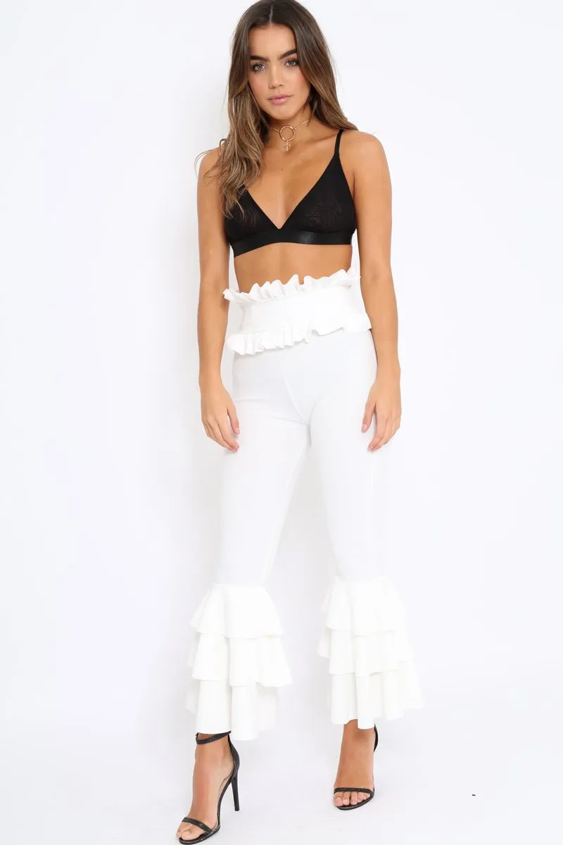 White Frill Hem Triple Tiered Frill Hem Trousers - Karla