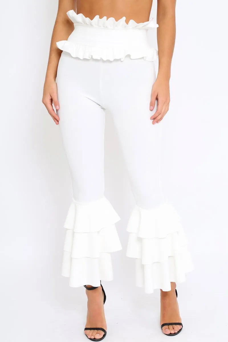 White Frill Hem Triple Tiered Frill Hem Trousers - Karla