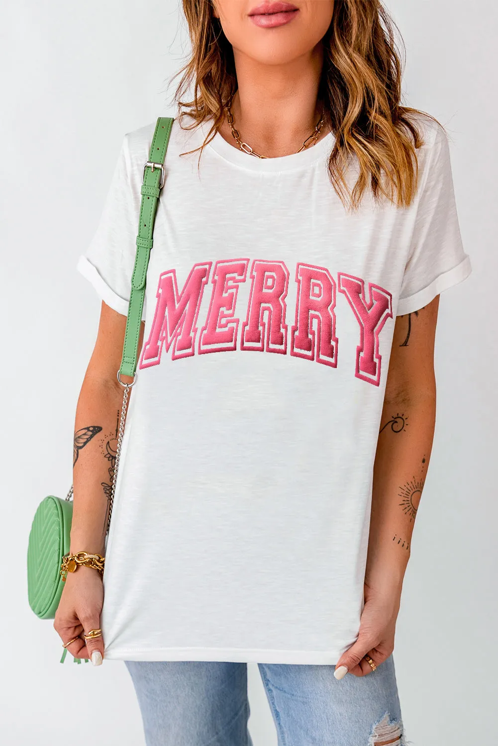 White MERRY Letter Christmas Crew Neck Short Sleeve Top