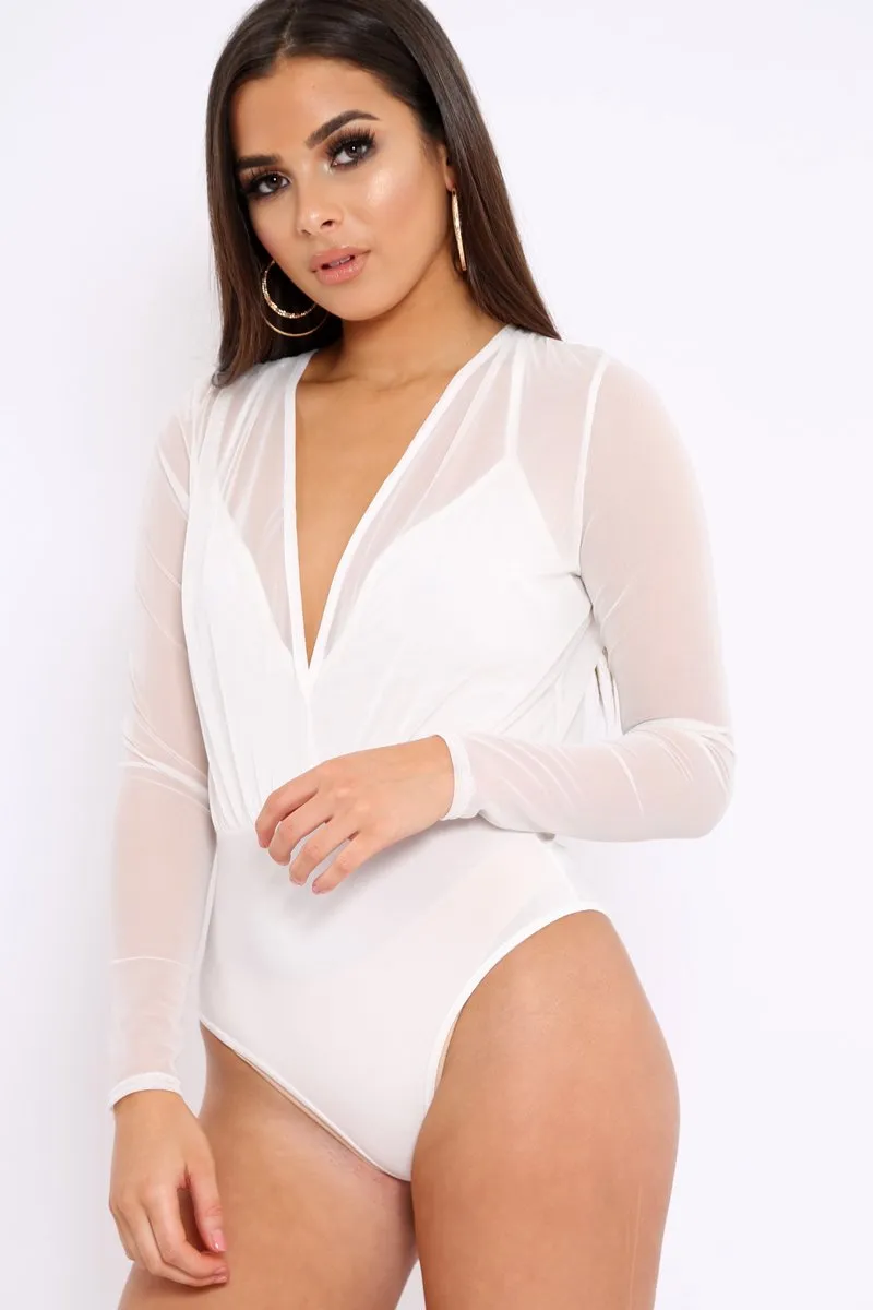 White Mesh Plunge Front Bodysuit - Eyra